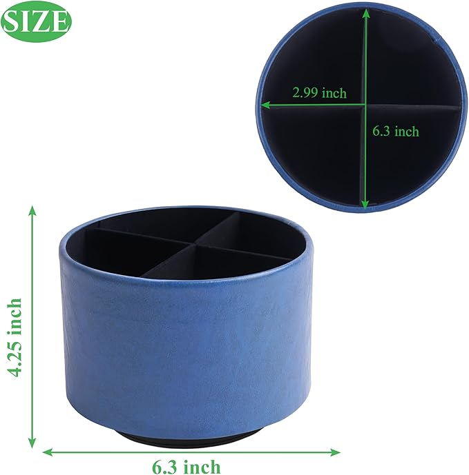 Round Leather Art Supply Organizer,Remote Control Holder,360 Degree Spinning,Multi-Functional Pencil Holder,4 Compartments Desktop Stationary Organizer(1-Oil Blue2)