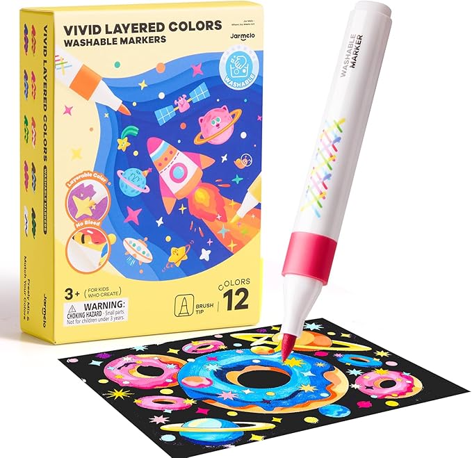 Jar Melo Super Washable Markers for Kids Age 4-8, Water Based Blendable Markers for Toddler Safe and Non-Toxic, Coloring Art Supplies for Preschool Gift, 12 Colors