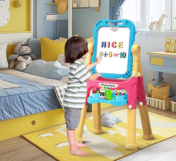 Art Easel for Kids Double Sided Magnetic Drawing Board with Letters & Numbers, Adjustable Standing Easel for Toddlers, Creative Play & Learning Toys for Kids - Blue