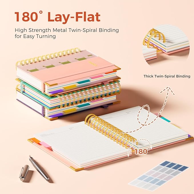 XYark A5 Hardcover Spiral Notebook, 6.3"x8.5" College Ruled Notebooks with Removable Dividers Tabs & Ruler, 5 Subject Notebook 300 Pages, Small Lined Journal for Women School Work Office, Light Pink