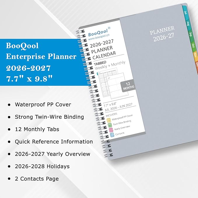 Planner 2026-2027 - Academic Planner from July 2026 - June 2027, 7.7" x 9.8", Calendar Planner 2026-2027, Weekly and Monthly Planner Spiral Bound, Flexible Cover, To-Do List, 12 Monthly Tabs