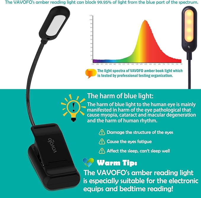 VAVOFO Amber Rechargeable Reading Light, Blue Light Blocking Book Light, 7 LEDs Eye Care 9 Colors 9 Brightness Clip On for Kids Bookworms Reading in Bed with Power Indicator Lasting 70h (Black)