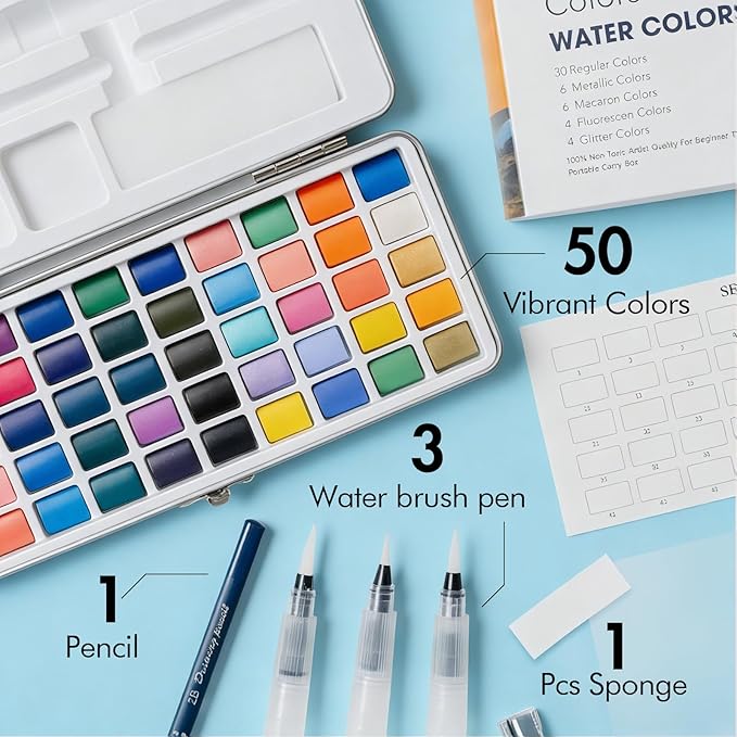 TERSOLVIAN 50 Colors Watercolor Paint Set - Portable Travel Art Kit, Includes Fine Detail Paint Brush, Premium Water Color Painting Supplies for Adults, Professionals, and Beginners Art Gift Idea
