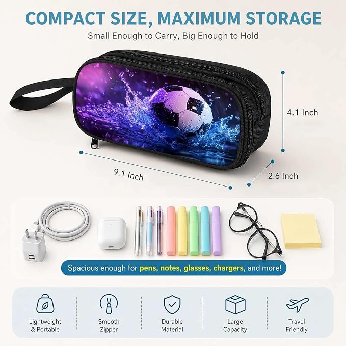 Firmiso Kids Pencil Case, Soccer Water Splash Graphic, Large Capacity Double Zipper Pencil Pouch with Compartments, Durable Polyester Stationery Organizer, Pen Bag for Boys Girls Teens