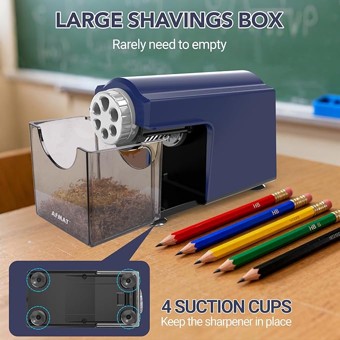 AFMAT Electric Pencil Sharpener for Classroom, 6 Holes, Cordless & Rechargeable, Super Fast, Auto Stop, 10K+ Uses, Heavy Duty Pencil Sharpener for 6-11mm No.2/Large/Colored Pencils PSD4(Blue)