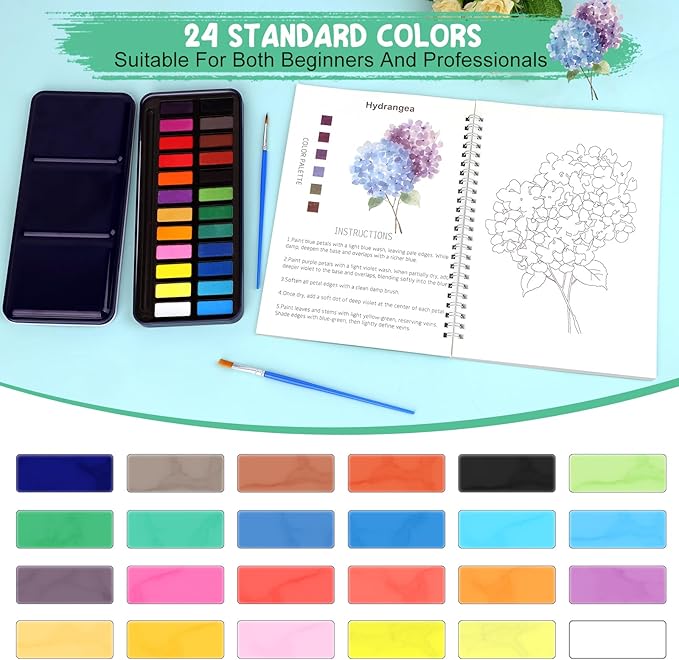 Floral Watercolor Workbook for Beginners with 24 Colors Paint Set – Water Coloring Book with 12 Flower Designs, Step-by-Step Painting Guide, Relaxing Watercolor Workbook Art Kit for Adults