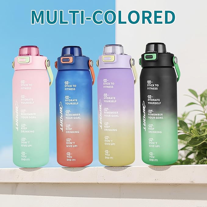 Gulex Motivational Water Bottle 32oz with Time Marker- Leakproof & BPA Free Sports Water Bottle with Straw & Carry Strap for Gym, Travel and Outdoor Sports (Purple/Yellow Gradient)