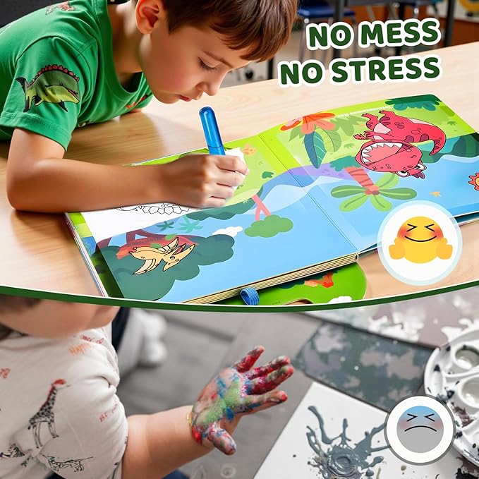 JoyCat Dinosaur Water Coloring Book for Toddlers 3-5, Reusable No-Mess Water Painting Book with Water Pen, 13 Activity Pages, Travel Toy Gift for Boys & Girls