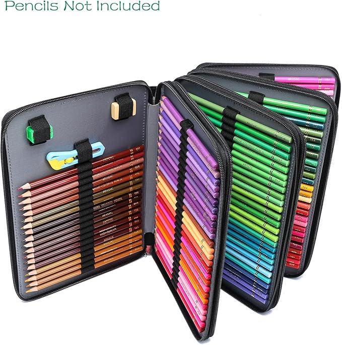 YOUNGCOL 200 Slots Colored Pencil Case - Deluxe PU Leather Pencil Organizer Holder With Zipper Closure Large Pencil Box for Colored Pencils Watercolor Pencils (Black, 200 Slots)