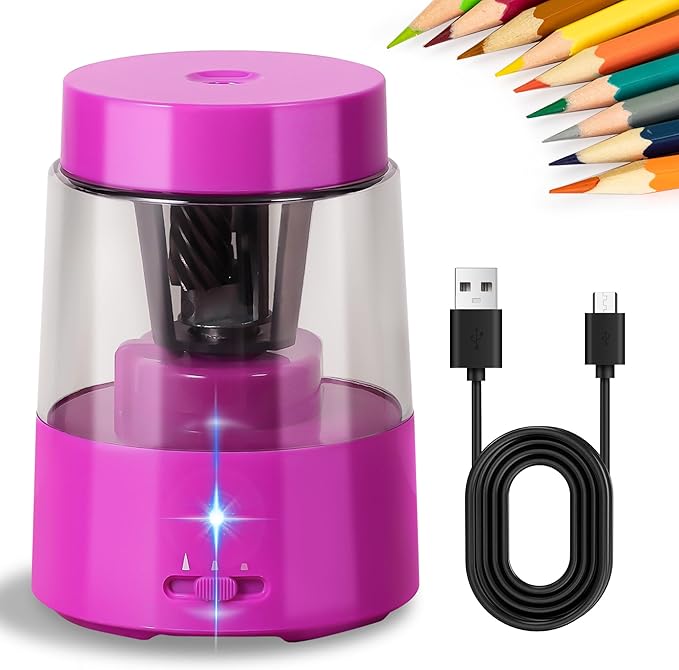 ZMOL Electric Rechargeable Pencil Sharpener, Automatic Colored Pencil Sharpener for Kids, Battery Pencil Sharpeners for Colored Pencils, Auto Stop, Suitable for No.2(6-8mm), Classroom Home Pink