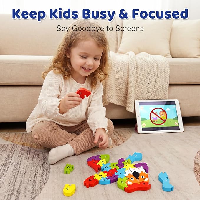 LovesTown Wooden Puzzles for Kids, Double Sided Lion Jigsaw with Alphabet & Numbers, Montessori Educational Toy for Toddlers, Chunky Animal Gift