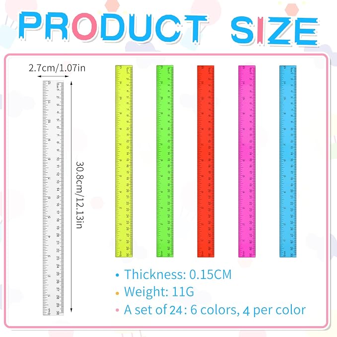 24 Pack Color Transparent Ruler Bulk 12 Inch Clear Plastic Rulers Kids Ruler with Centimeters and Inches Straight Measuring Drafting Tools for Classroom School Students Families Education