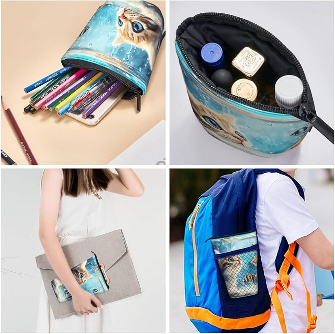 Cat and Fish Kids Standing Pencil Case Girls Boys Telescopic Stationary Pouch with Zipper Large Capacity Stand up Pen Bag Portable Makeup Holder for Children School Students Office Supplies