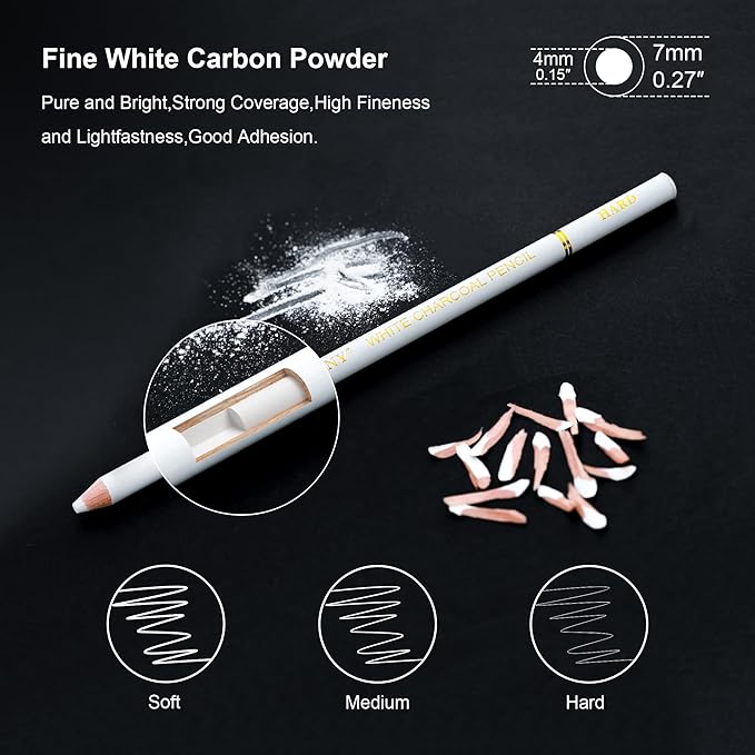 HIFORNY 8 Pieces White Charcoal Pencils Drawing Set for Drawing, Sketching, Shading, Blending - Chalk Pencils for Beginners & Artists