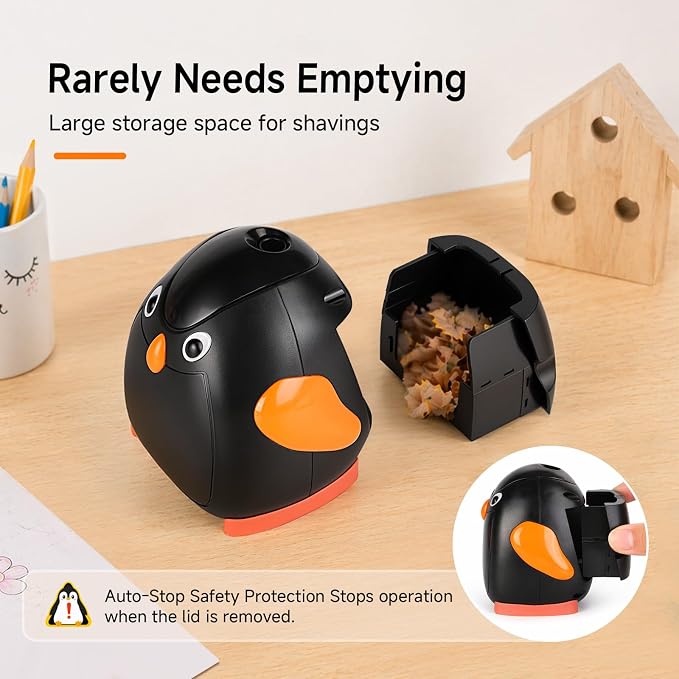 Penguin Battery Operated Pencil Sharpener, Cordless, Portable, Animal-Inspired Desktop Stationery for Office and Home Studio