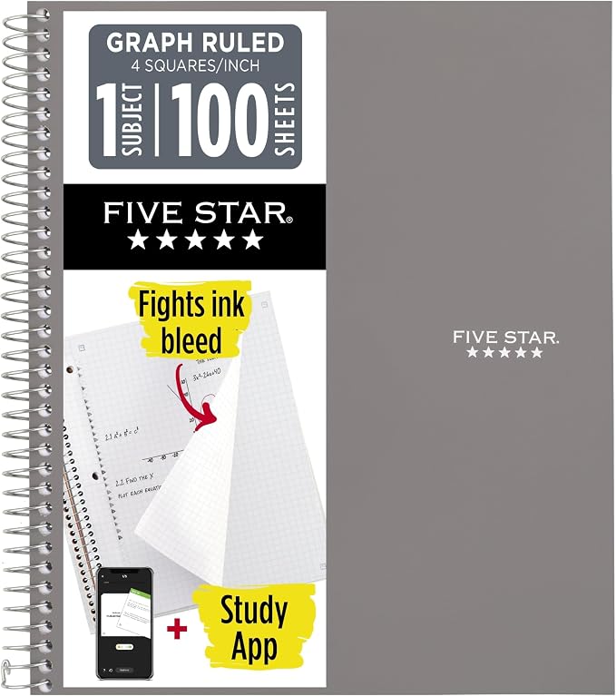 Five Star Spiral Notebook + Study App, 1 Subject, Graph Ruled Paper, 8-1/2" x 11", 100 Sheets, Fights Ink Bleed, Water Resistant Cover, Gray (620000AA3) (Pack of 12)