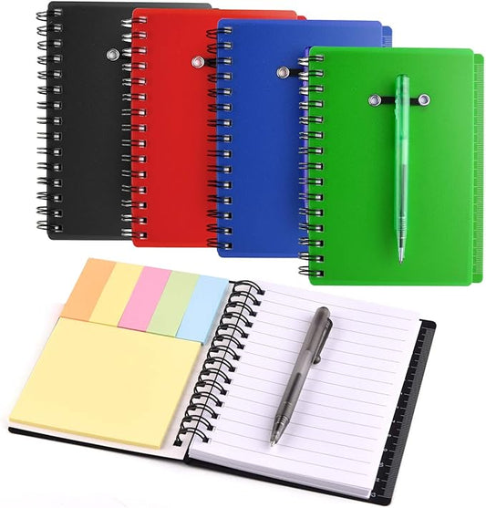 Coopay 4 Pieces Spiral Notebook Steno Pocket Notepad with Pen in Holder and Sticky Notes, Page Marker Index Tabs Flags Making Plans Writing Memos Office School Supplies (Black, Blue, Red, Green)