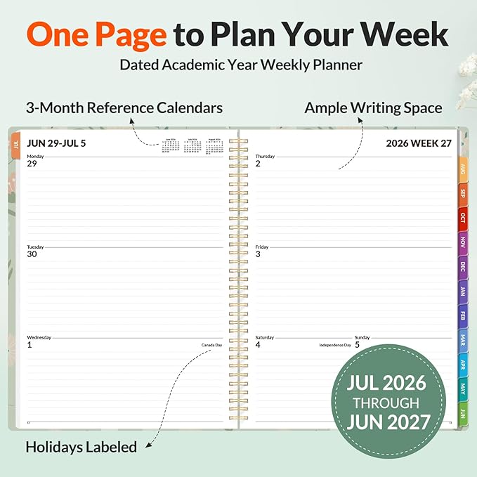 SUNEE Academic Planner 2026-2027 – Weekly & Monthly Planner, July 2026 to June 2027, 8.5"x11", Thick Paper, Tabs, Pockets, Bookmark, Spiral-Bound, Student Teacher Organizer, Green Wildflowers