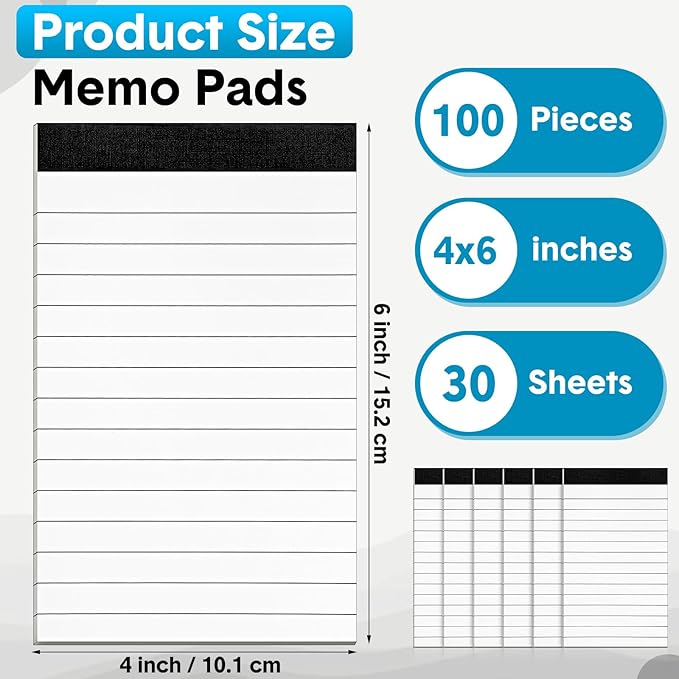 PerKoop 100 Pack Small Notepads Refills 4 x 6 Inch Lined Memo Pads 30 Sheets Mini Legal Pads Pocket Notepads for Teacher Nurse Office School Supplies