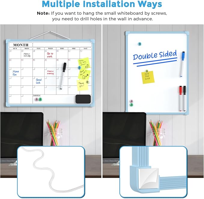 MaxGear Monthly Calendar Dry Erase Board for Wall, 16"x12" Small Hanging Double-Sided White Board, Portable Whiteboard for Planning, Drawing, Memo, to Do List, School, Home, Office, Blue Frame