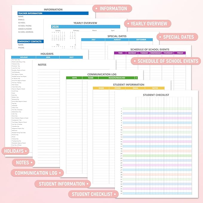 Teacher Planner 2026-2027, Jul 2026-Jun 2027 Academic Year, 8.5" x 11" Lesson Planner Book for Teacher Calendar, Spiral Bound Planners, Colorful Monthly Tabs, Planning Stickers, PinkCheckered
