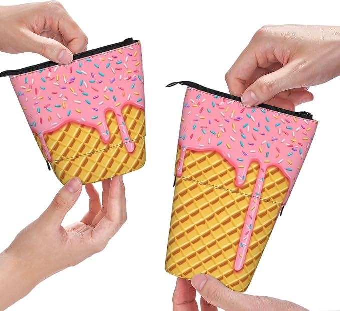 Ice Cream Kids Standing Pencil Case Girls Boys Telescopic Stationary Pouch with Zipper Large Capacity Stand up Pen Bag Portable Makeup Holder for Children School Students Office Supplies
