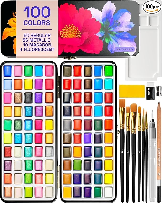 ARTISTRO 100 Color Watercolor Paint Set - Portable Paint Art Kit with Palette and Brush Pens - Travel Water Color Set for Adults, Professionals, Kids - Art and Painting Supplies - Gift Idea