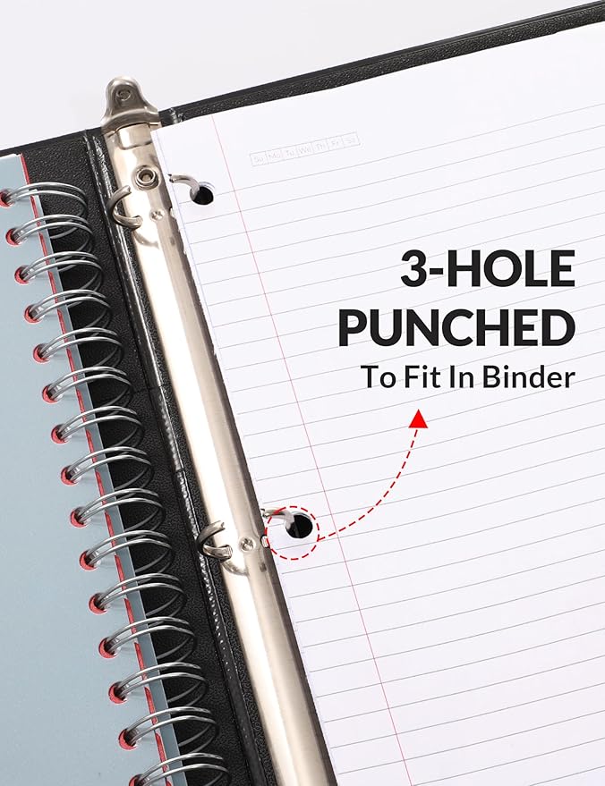 SUNEE Spiral Notebooks for Work with Removable Dividers & Tabs – College Ruled 5 Subject, 300 Pages, 3 Hole Punched, Durable PP Cover, 8"x10.5" – Notebooks for Office or School, Grey Blue