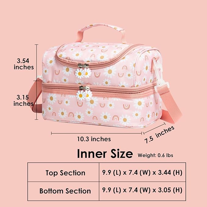Insulated Kids Dual Compartment Lunch Bags Tote for Girls Boys Toddler Lunch Boxes Pre-School Toddler Kindergarten Elementary Picnic Food Cooler Thermal with Strap (Rainbow Daisies)