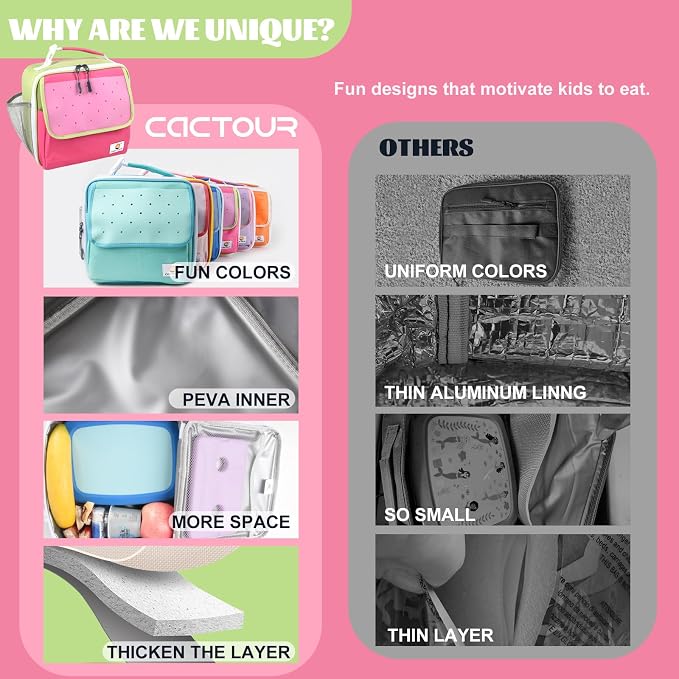 CaCTOUR Lunch Box Kids,Fun Color Lunch Box for Girls,Large Soft Cooler Lunch Bag for Kids,Back to School Thermal Insulated Lunch Tote Bag for School Daycare Outdoor (Fuchsia Green)