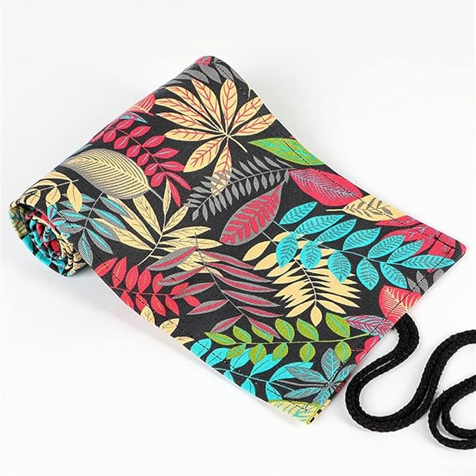 DIYOMR 12/24/36/72 Slots Pencil Wrap Pencil Rolls, Artist Colored Pencil Roll Up Bag Short Brush Pouch Case Pencils Organizer for Drawing Coloring and Sketching, No Pencils (Colorful Leaves, 12slots)
