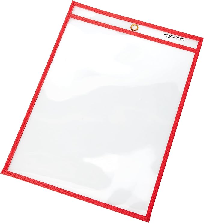 Amazon Basics Heavy Duty Dry Erase Job Ticket Holders, Document Protectors with Clear Plastic Film and Multicolored Fabric Edge, 8.5" x 11", Pack of 25