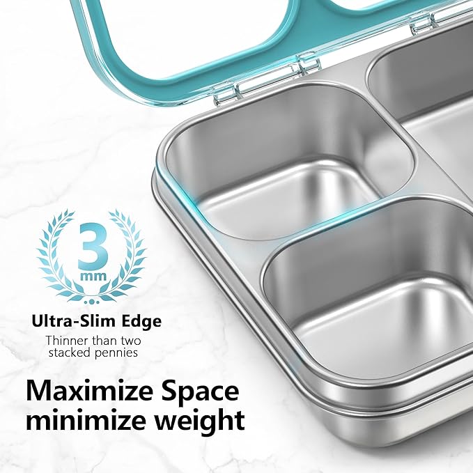 HOMEKOL Stainless Steel Bento Lunch Box, 3-Compartment Leak-Proof Metal Lunch Container for Kids & Adults, BPA-Free, Dishwasher Safe, Clear Tritan Lid, 4.2Cups/1000ml Blue (Not Insulated)
