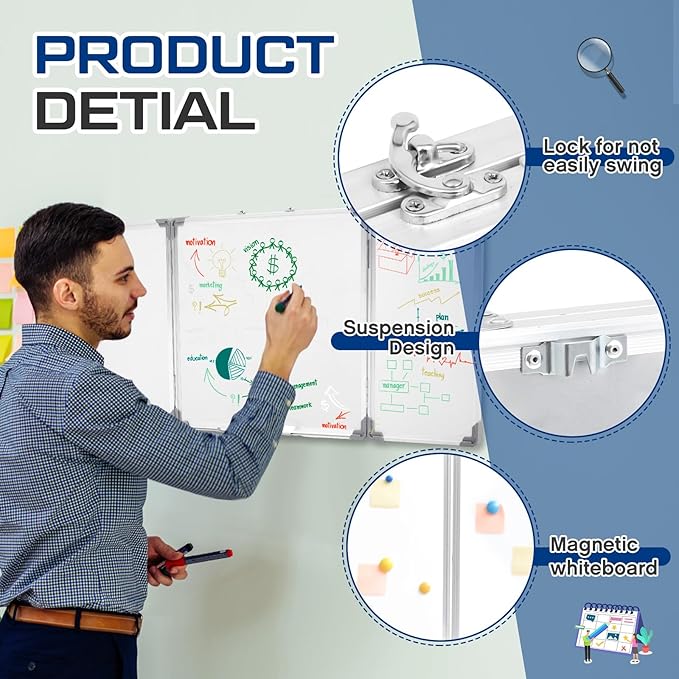 AmazingSpark 48” x 18” Foldable Whiteboard Dry Erase Board Large Tri Folding Whiteboard Magnetic Dry Erase Board, Wall Aluminium Frame and Flip Out Pen Tray for Office, Home