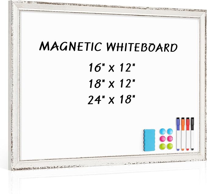 White Board for Wall, 24" x 18" Magnetic Dry Erase Board, Vintage Wooden Frame Decorative Whiteboard, Wall Mounted, White-Washed, Aesthetic Writing Board for Home, Office, School