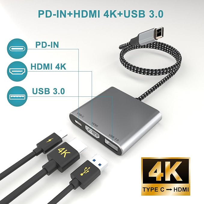 Battony USB C Multiport AV Adapter with 4K HDTV Output USB 3.0 Port, 50cm Braided Cable & USB-C Fasting Charging Port,Compatible for MacBook Pro Air M1 M2 Pad Pro iMac and Other Type C Devices