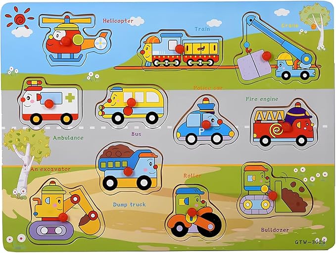 Vehicles Puzzle for Toddlers 3+ Years, Educational Wooden Vehicle Shape Learning Toy with Board & Blocks, Fun Preschool Motor Skills Activity for Boys and Girls