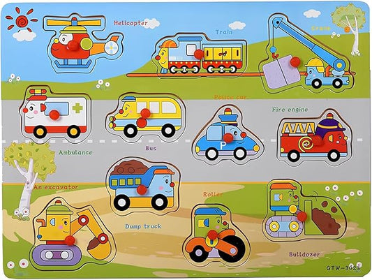 Vehicles Puzzle for Toddlers 3+ Years, Educational Wooden Vehicle Shape Learning Toy with Board & Blocks, Fun Preschool Motor Skills Activity for Boys and Girls