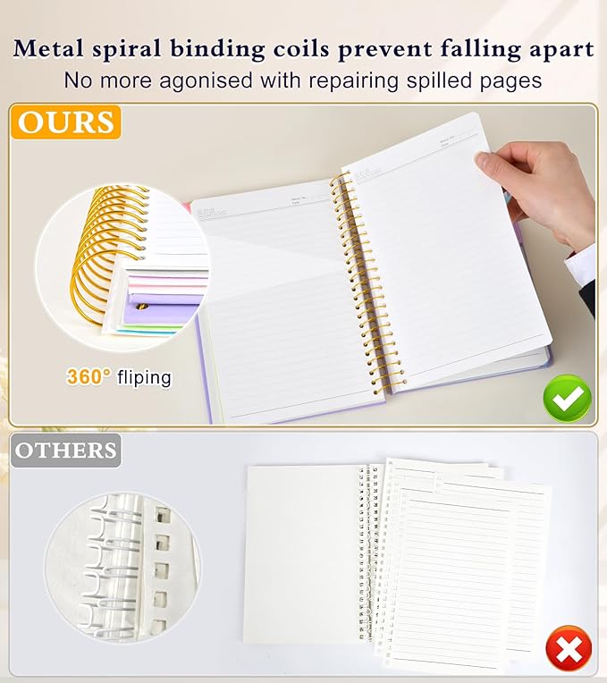 5 Subject Notebook College Ruled 240 Pages, A5(5.8"x8.3") Hardcover Spiral Notebook with Removable Pocket Dividers Tabs, Lined Spiral Journal Notebook for Women, Notebooks for Work School Note taking purple