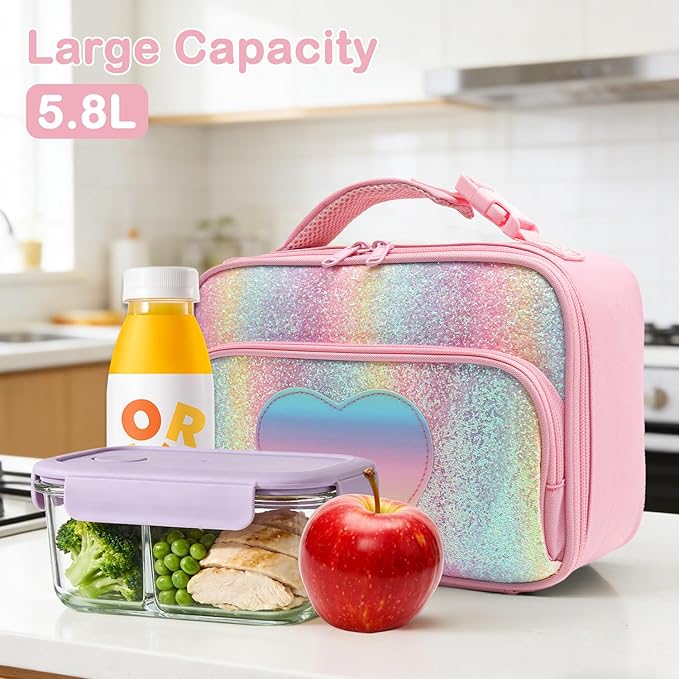 FlowFly Kids Lunch box Insulated Soft Bag Mini Cooler Back to School Thermal Meal Tote Kit for Girls, Boys,Glitter-RainBow