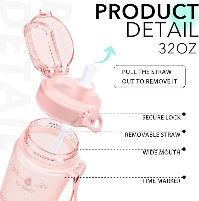 32oz Water Bottle with Time Marker, Motivational Drinking Bottle with Strap, BPA-Free Leak-Proof, Encouraging Water Bottle Time to Drink Water for Gym School Office Travel