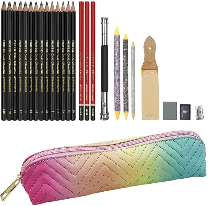 Heshengping 26 Pack Sketching Set Drawing Pencils Kit Art Supplies Include Graphite Charcoal Professional Pencils Set Cute Portable case for Artists Adults Beginners Artist