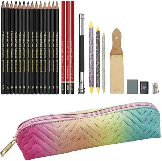 Heshengping 26 Pack Sketching Set Drawing Pencils Kit Art Supplies Include Graphite Charcoal Professional Pencils Set Cute Portable case for Artists Adults Beginners Artist