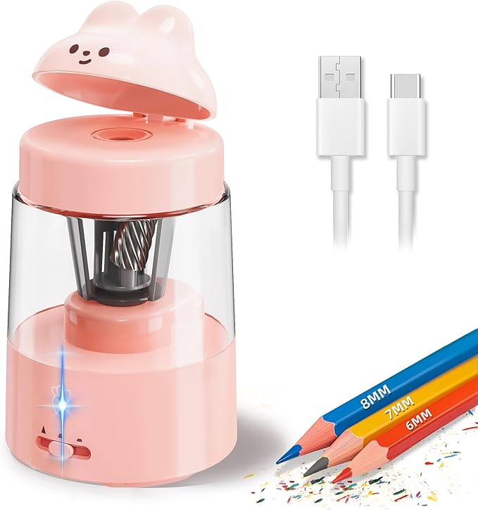 ZMOL Colored Pencil Sharpener for Kids Gift, Rechargeable Electric Pencil Sharpener, Auto Stop, Pencil Sharpeners for Battery Powered Cute No.2/Colored Pencils (6-8mm), Classroom/Office/Home (Pink)