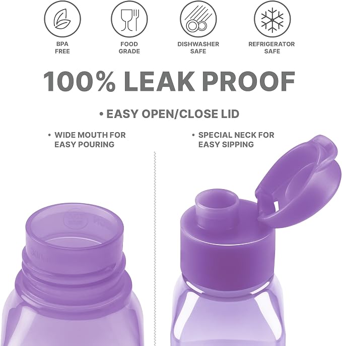 Bulk Set of 16 Multicolor 10oz Water Bottles for Kids and Adults - Leak Proof With Carry Strap - Square Reusable for Juice, Drinks - BPA-Free Dishwasher-Safe
