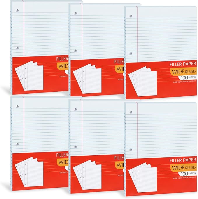 Loose Leaf Notebook Paper Wide Ruled – 10.5″ × 8″ 3-Hole Punched Filler Paper, 100 Sheets per Pack, 6-Pack (600 Sheets) – Lined Binder Refill for School, College, Classroom & Home Office