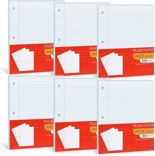 Loose Leaf Notebook Paper Wide Ruled – 10.5″ × 8″ 3-Hole Punched Filler Paper, 100 Sheets per Pack, 6-Pack (600 Sheets) – Lined Binder Refill for School, College, Classroom & Home Office