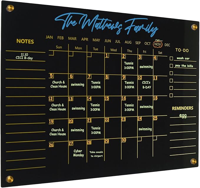 Black Acrylic Calendar Dry Erase for Wall, Family Planner, Monthly Calendar Dry Erase Whiteboard for Home, Office, 17" x 13"Reusable White Board(Acrylic-BK-3343)