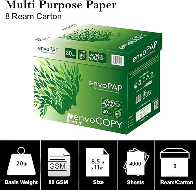EnvoCopy 100% Recycled Tree-Free Sustainable Printer Copy Paper, 8.5" x 11" Letter Size, 500 Sheets/Ream, 8 Reams