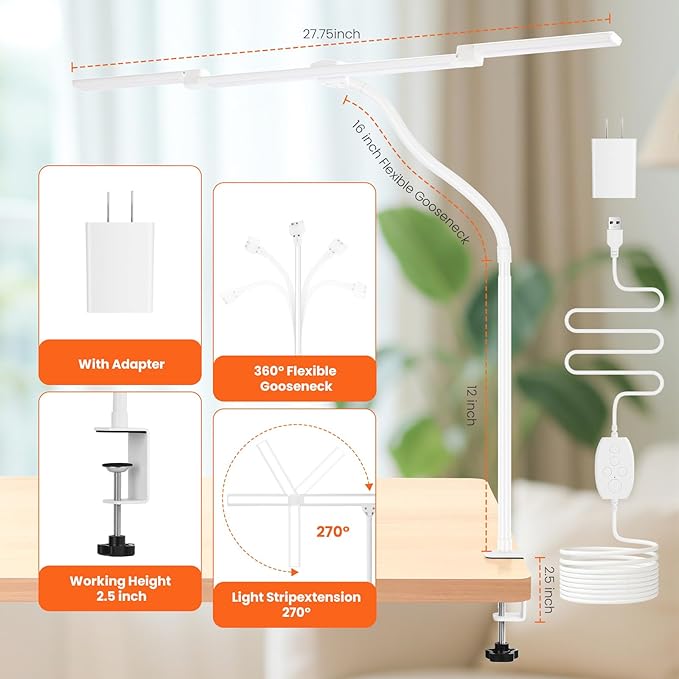 LED Desk Lamp for Office Home, Adjustable 3 Head Computer Monitor Light with Clamp, Eye Caring Clip on Desk Light Stepless Dimming, Auto-off Timer Architect Desk Lamp for Reading Study Workbench White